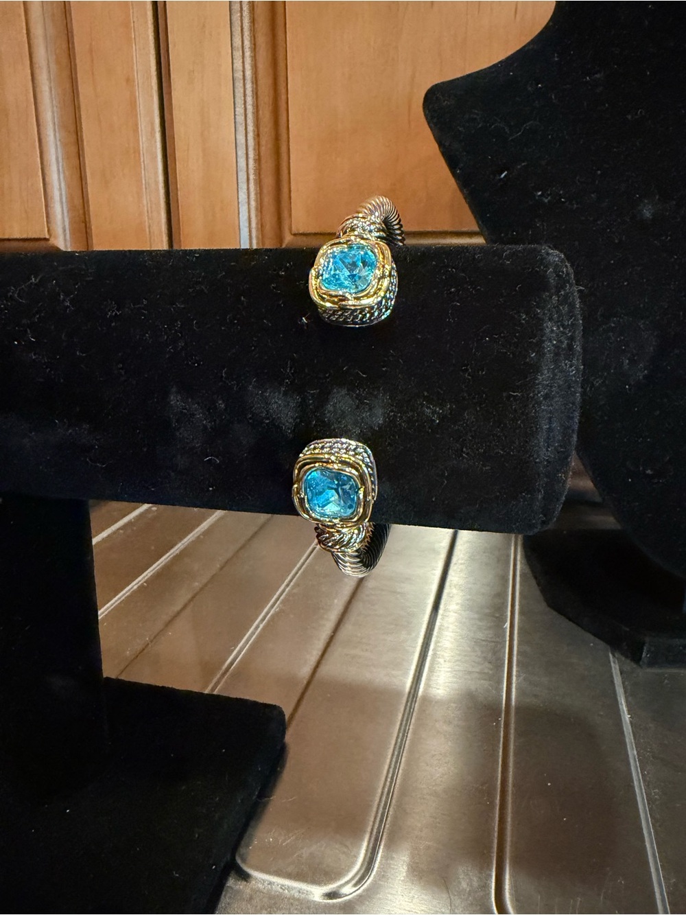 Juvell Two-Tone 18k Gold Plated Blue Topaz Textured Ends Bangle Bracelet